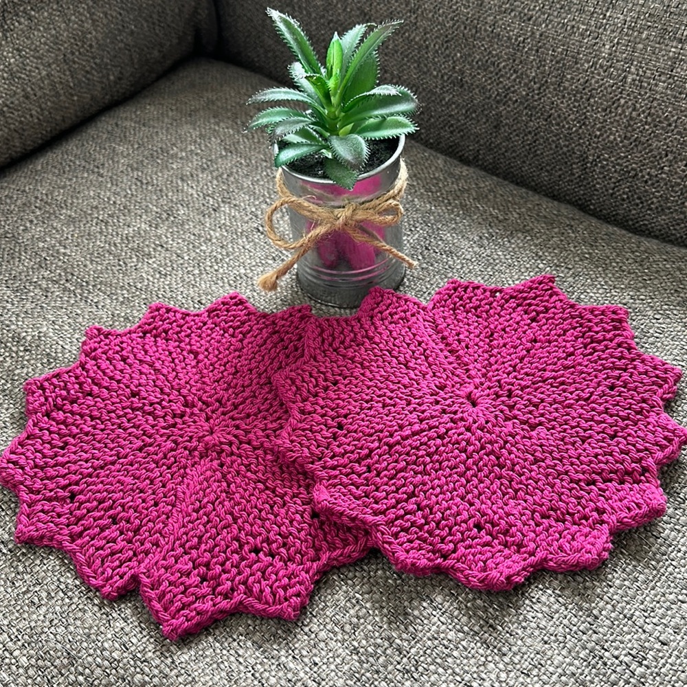 Set of 2 100% Cotton Hand Knitted Magenta Star Dishcloths Cottagecore Boho 🧶
